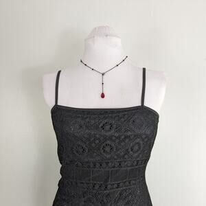 Crochet Midi Dress L Black Vintage 90s Y2K Goth Slit Cocktail Evening Sleeveless